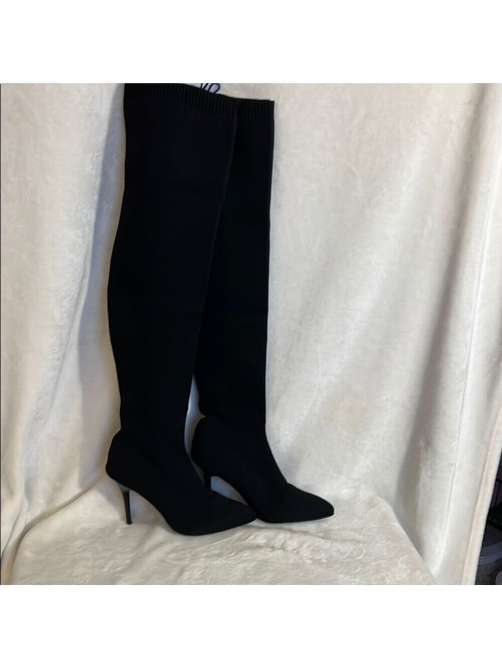 Sleek Black over knee fabric Boots with 4” Stiletto Heel